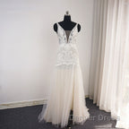 Trendy Ivory Sleeveless Lace Tulle High split A line Wedding Dresses