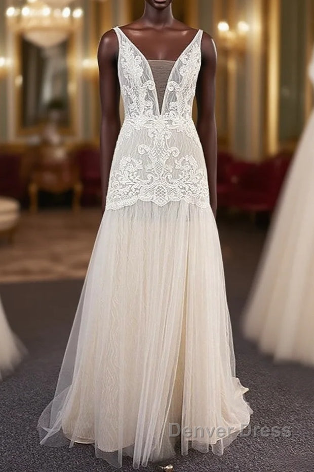 Trendy Ivory Sleeveless Lace Tulle High split A Line Wedding Dresses Main image