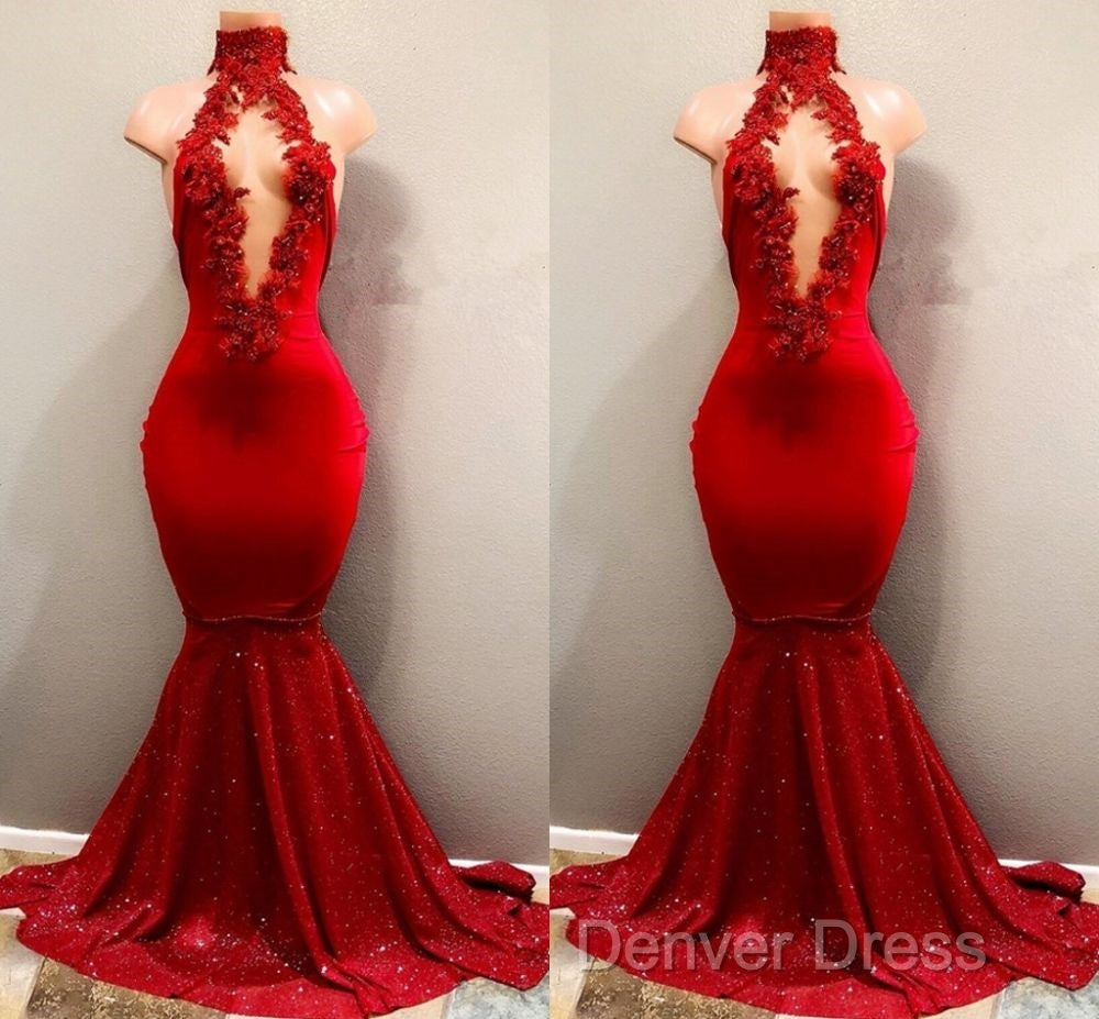 Trendy Mermaid Red Lace High Neck Prom Party Gowns| Red Prom Party Gowns Secondary image