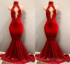 Trendy Mermaid Red Lace High Neck Prom Party Gowns| Red Prom Party Gowns