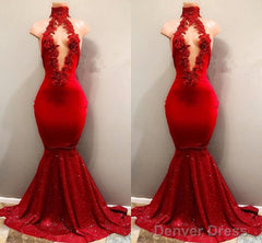 Trendy Mermaid Red Lace High Neck Prom Party Gowns| Red Prom Party Gowns