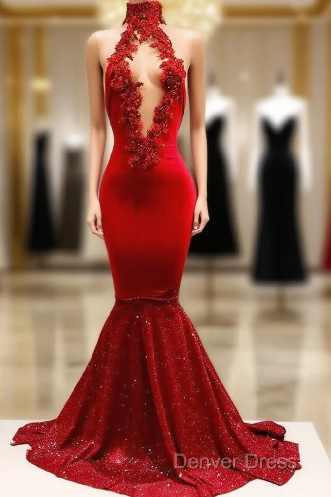 Trendy Mermaid Red Lace High Neck Prom Party Gowns| Red Prom Party Gowns Main image