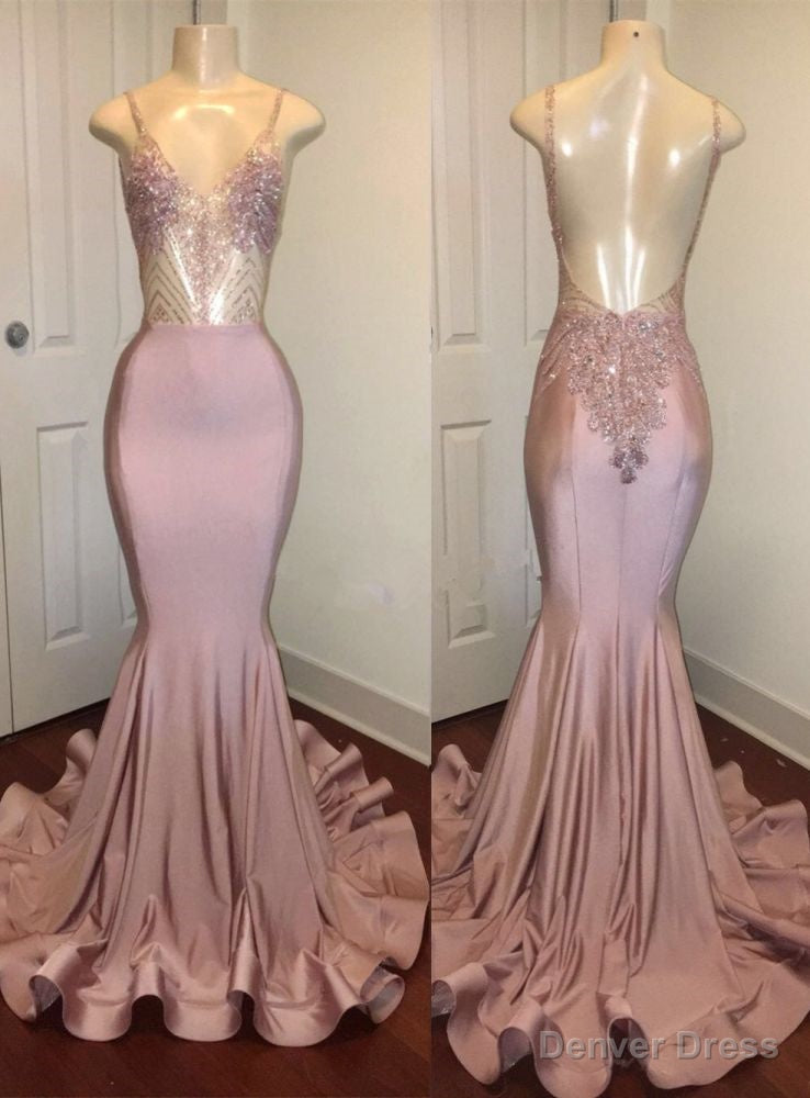 Trendy Pink Beads Spaghetti Strap Prom Gown Mermaid Prom Gown Secondary image