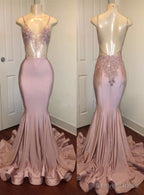 Trendy Pink Beads Spaghetti Strap Prom Gown Mermaid Prom Gown