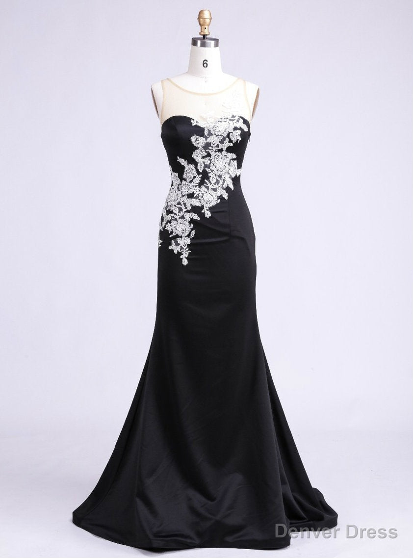 Trendy Scoop Floor Length See Through Back Appliques Party Polyester Formal Black