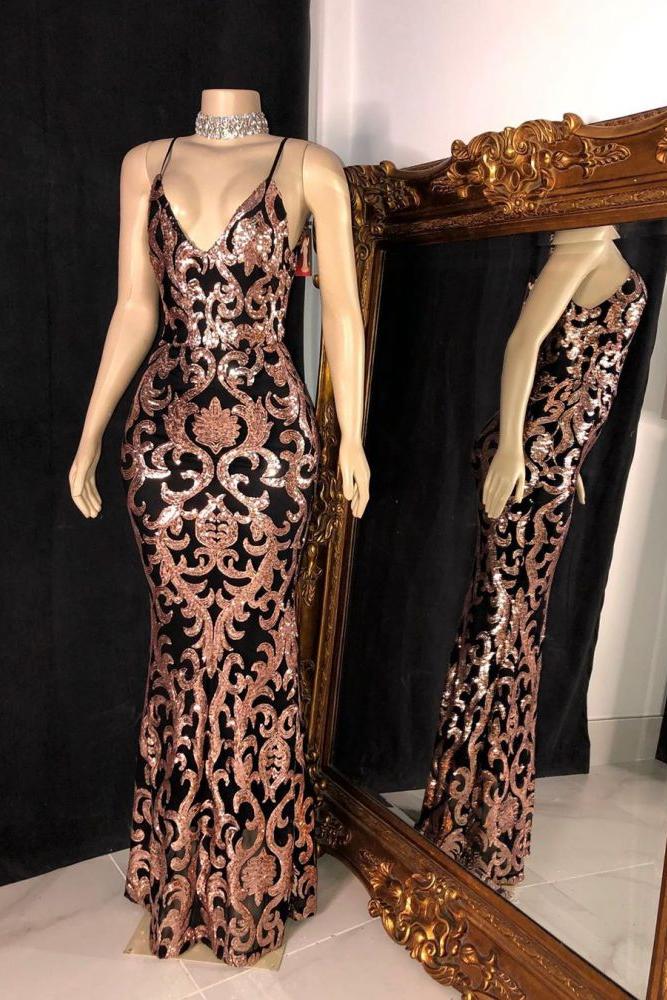 Trendy Sequins Appliques V-Neck Spaghetti Long Mermaid Prom Gowns