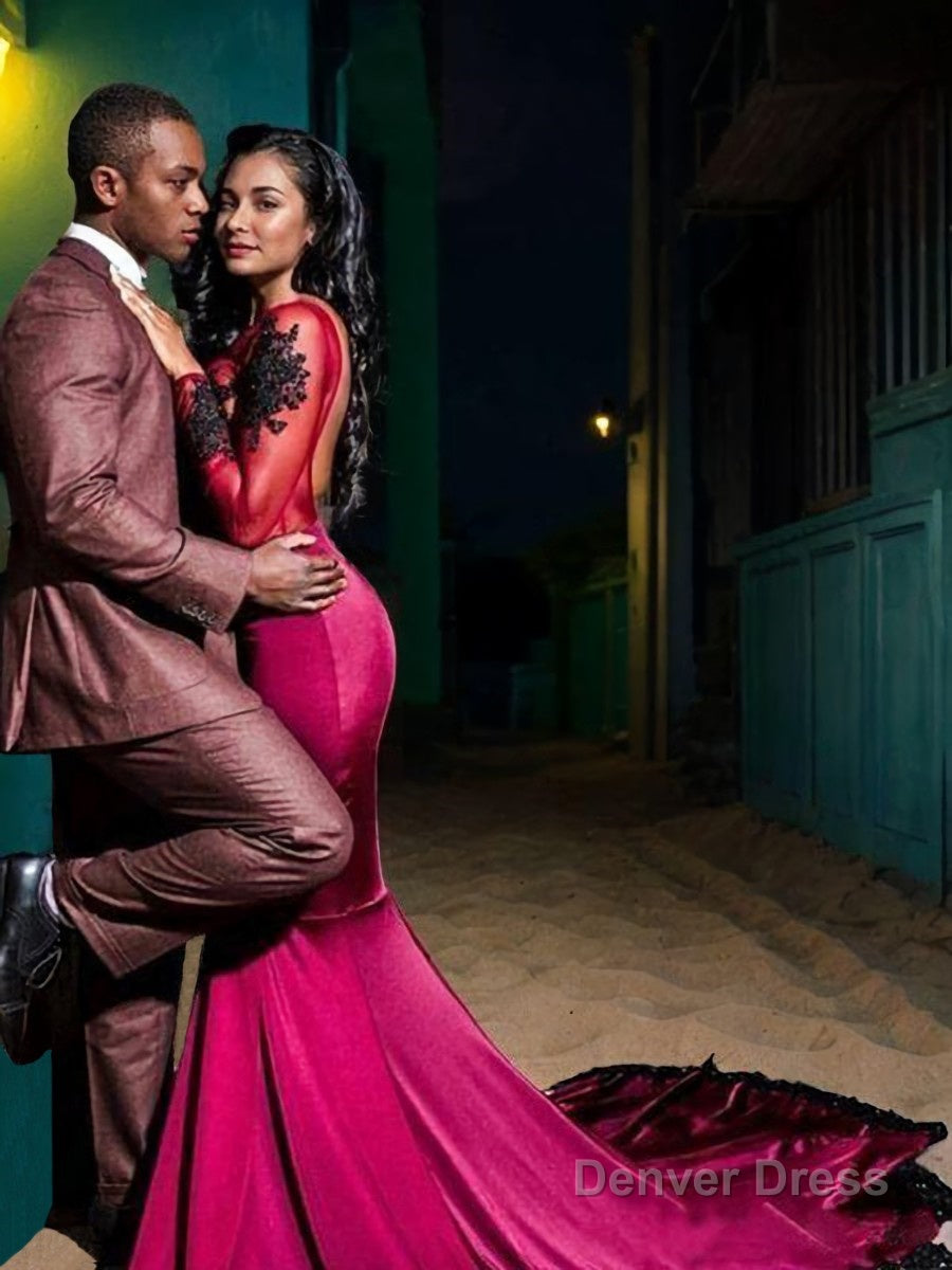 Trumpet Mermaid Bateau Sweep Train Spandex Prom Dresses With Appliques Lace Secondary image