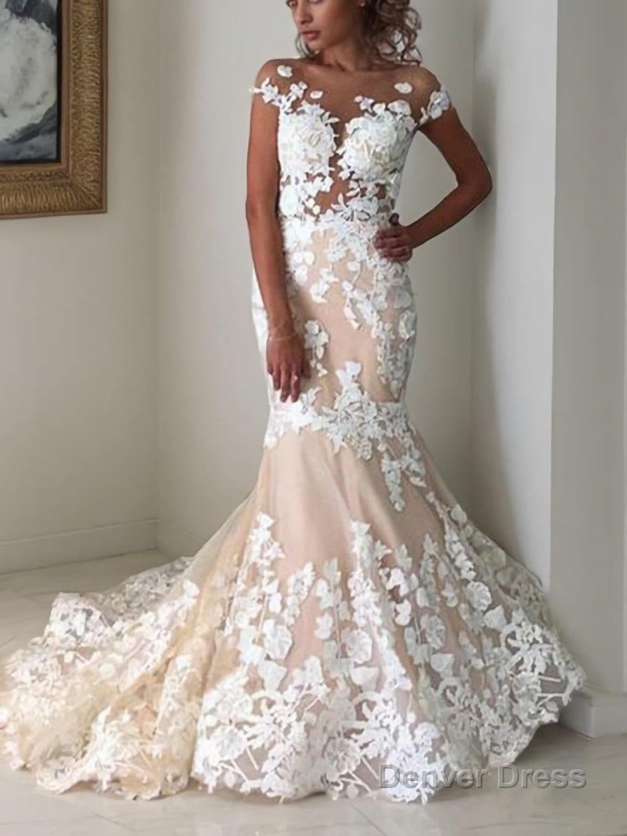 Trumpet Mermaid Bateau Sweep Train Tulle Wedding Dresses With Appliques Lace Main image