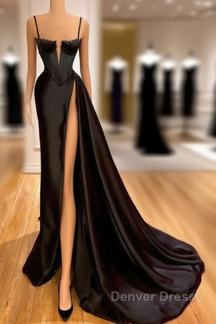 Trumpet Mermaid Black Satin Spaghetti Straps With Slit Main image