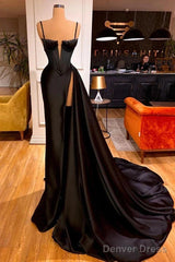 Trumpet Mermaid Black Satin Spaghetti Straps With Slit