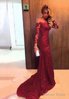Trumpet Mermaid Full Long Sleeve Bateau Chapel Train Lace Prom Dresses With Appliqued