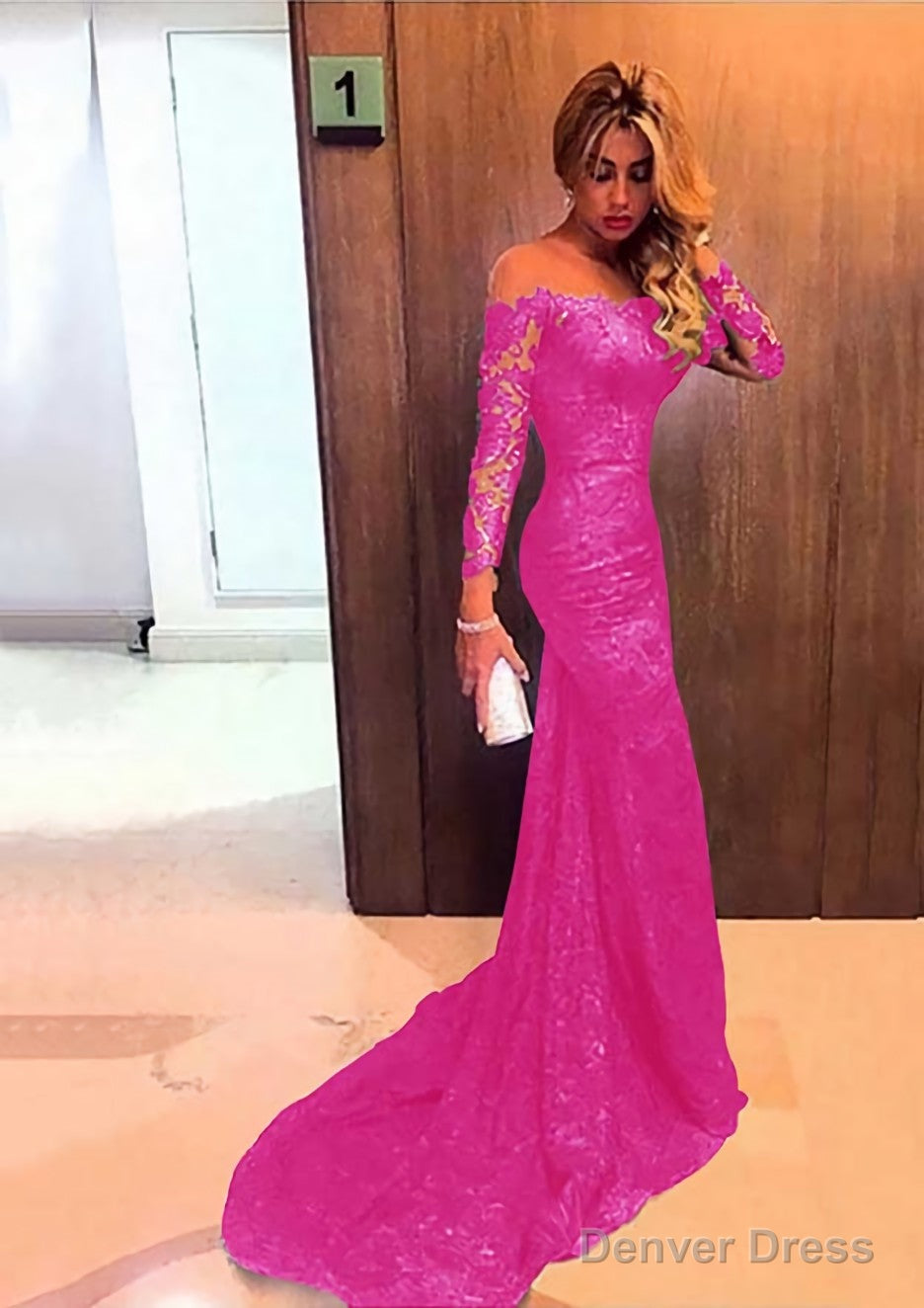Trumpet Mermaid Full Long Sleeve Bateau Chapel Train Lace Prom Dresses With Appliqued