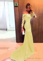 Trumpet Mermaid Full Long Sleeve Bateau Chapel Train Lace Prom Dresses With Appliqued