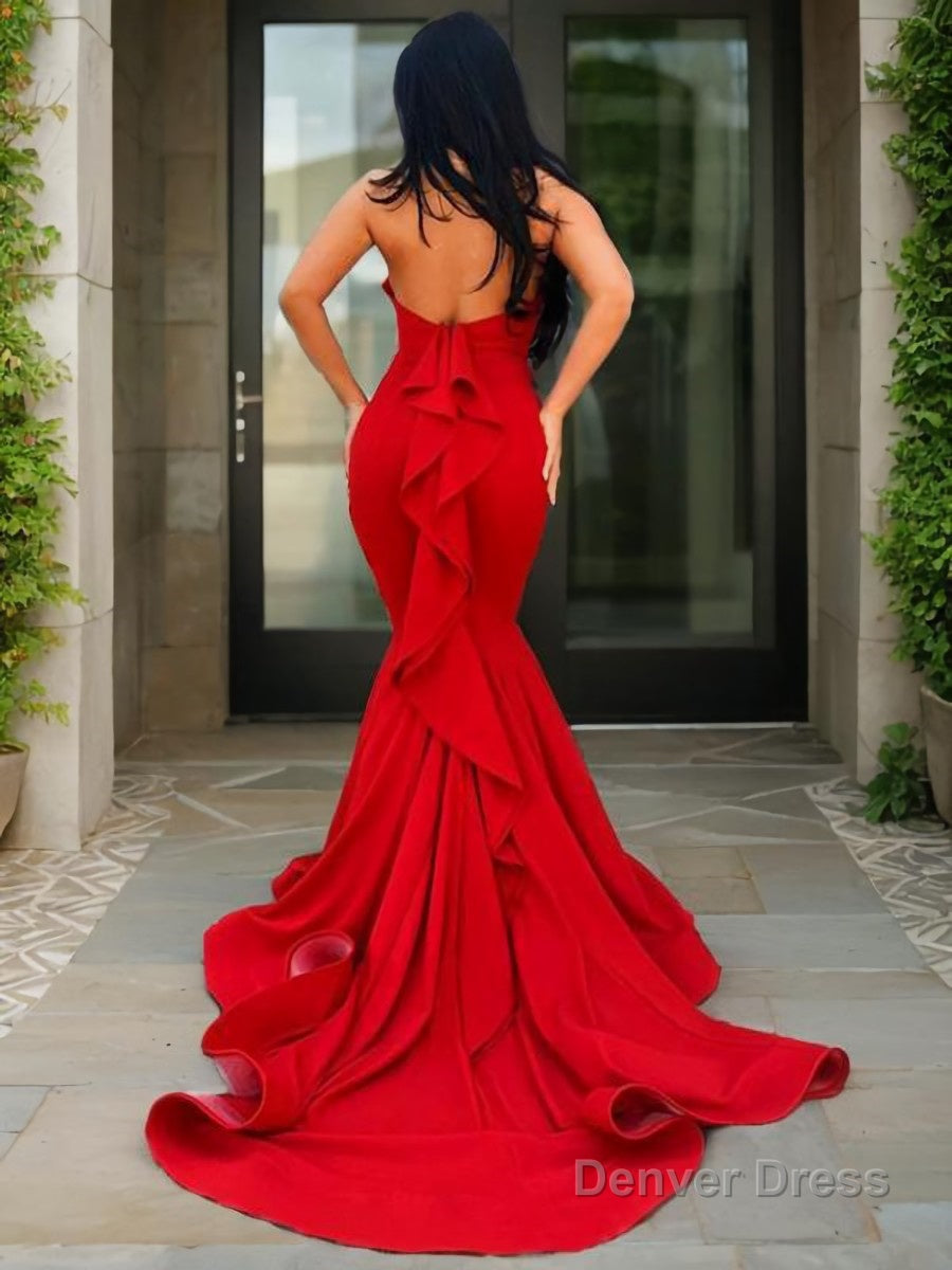 Trumpet Mermaid Halter Chapel Train Stretch Crepe Prom Dresses