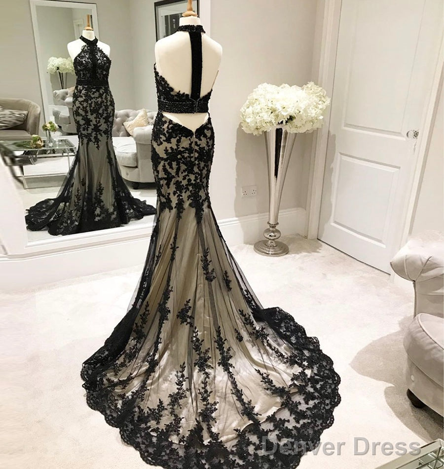 Trumpet Mermaid Halter Neck Sweep Train Back Strap Lace Prom Dresses
