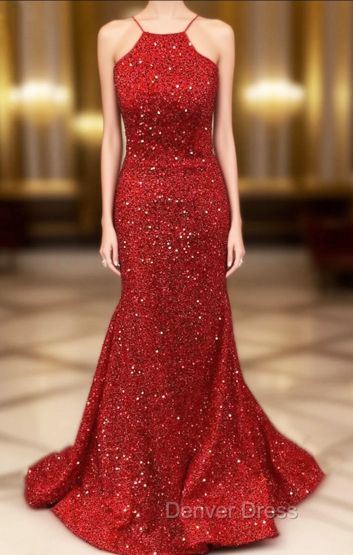 Trumpet/Mermaid Halter Sleeveless Sweep Train Velvet Sequins Prom Dresses