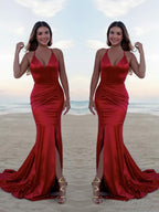 Trumpet/Mermaid Halter Sweep Train Silk like Satin Prom Dresses With Leg Slit
