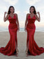 Trumpet/Mermaid Halter Sweep Train Silk like Satin Prom Dresses With Leg Slit