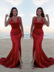 Trumpet/Mermaid Halter Sweep Train Silk like Satin Prom Dresses With Leg Slit