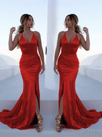 Trumpet Mermaid Halter Sweep Train Silk like Satin Prom Dresses With Leg Slit
