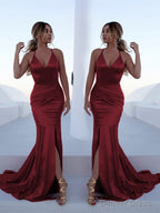 Trumpet/Mermaid Halter Sweep Train Silk like Satin Prom Dresses With Leg Slit