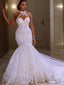 Trumpet Mermaid Halter Sweep Train Tulle Wedding Dresses With Appliques Lace