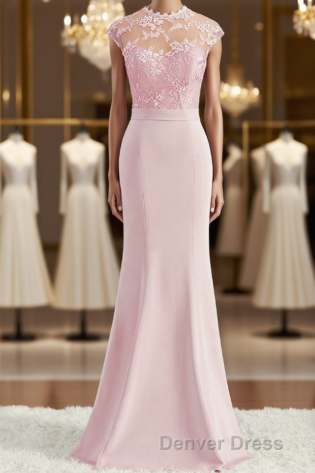 Trumpet Mermaid High Neck Floor Length Stretch Crepe Bridesmaid Dresses with Appliques Lace Main image