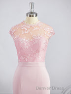 Trumpet Mermaid High Neck Floor Length Stretch Crepe Bridesmaid Dresses with Appliques Lace