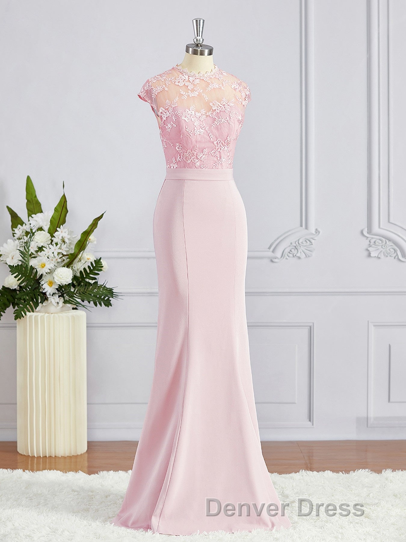 Trumpet Mermaid High Neck Floor Length Stretch Crepe Bridesmaid Dresses with Appliques Lace