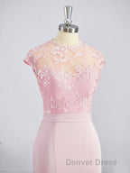 Trumpet Mermaid High Neck Floor Length Stretch Crepe Bridesmaid Dresses with Appliques Lace