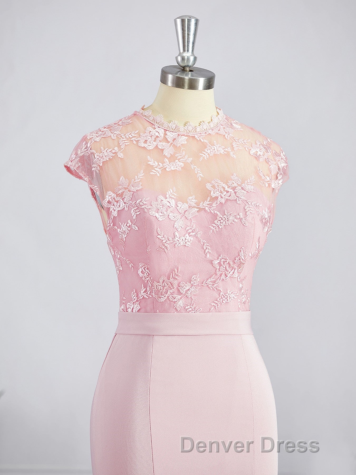 Trumpet Mermaid High Neck Floor Length Stretch Crepe Bridesmaid Dresses with Appliques Lace