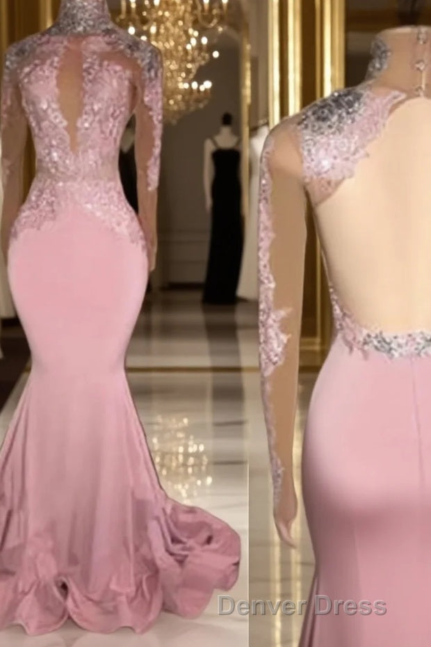 Trumpet Mermaid High Neck Sweep Train Jersey Prom Dresses With Appliques Lace Main image