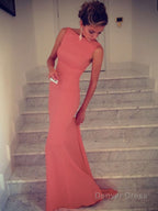 Trumpet Mermaid High Neck Sweep Train Jersey Prom Dresses