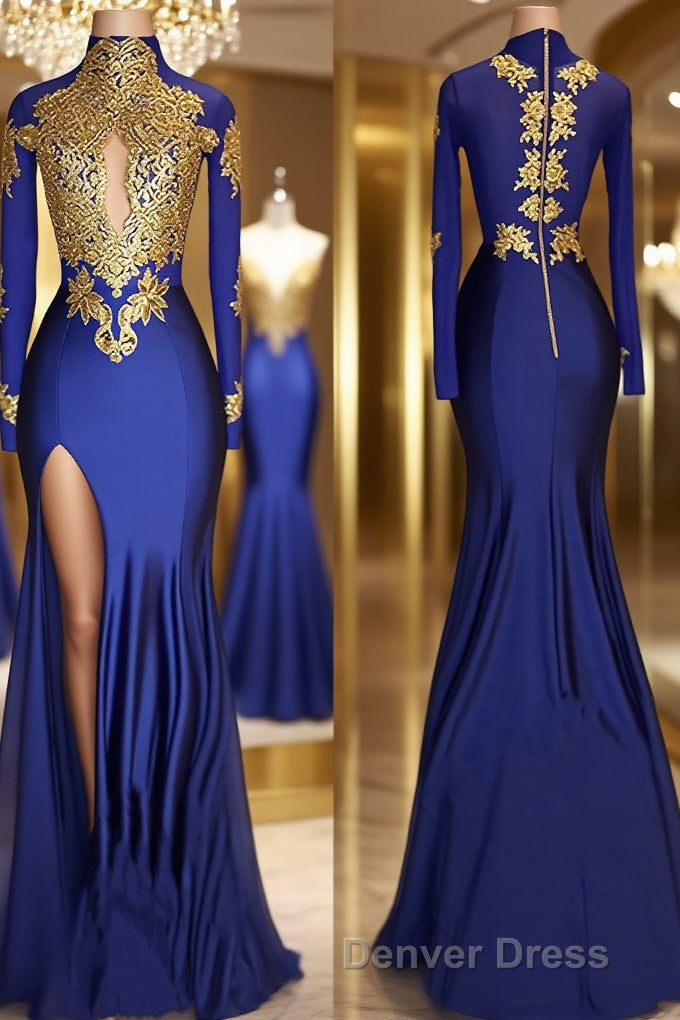 Trumpet Mermaid High Neck Sweep Train Jersey Prom Dresses With Leg Slit Main image