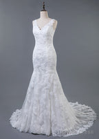 Trumpet Mermaid Lace V Neck Sweep Train Wedding Dresses