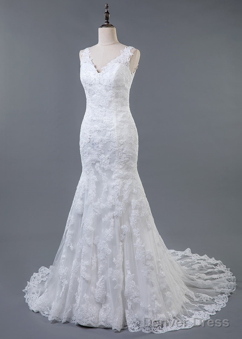 Trumpet Mermaid Lace V Neck Sweep Train Wedding Dresses
