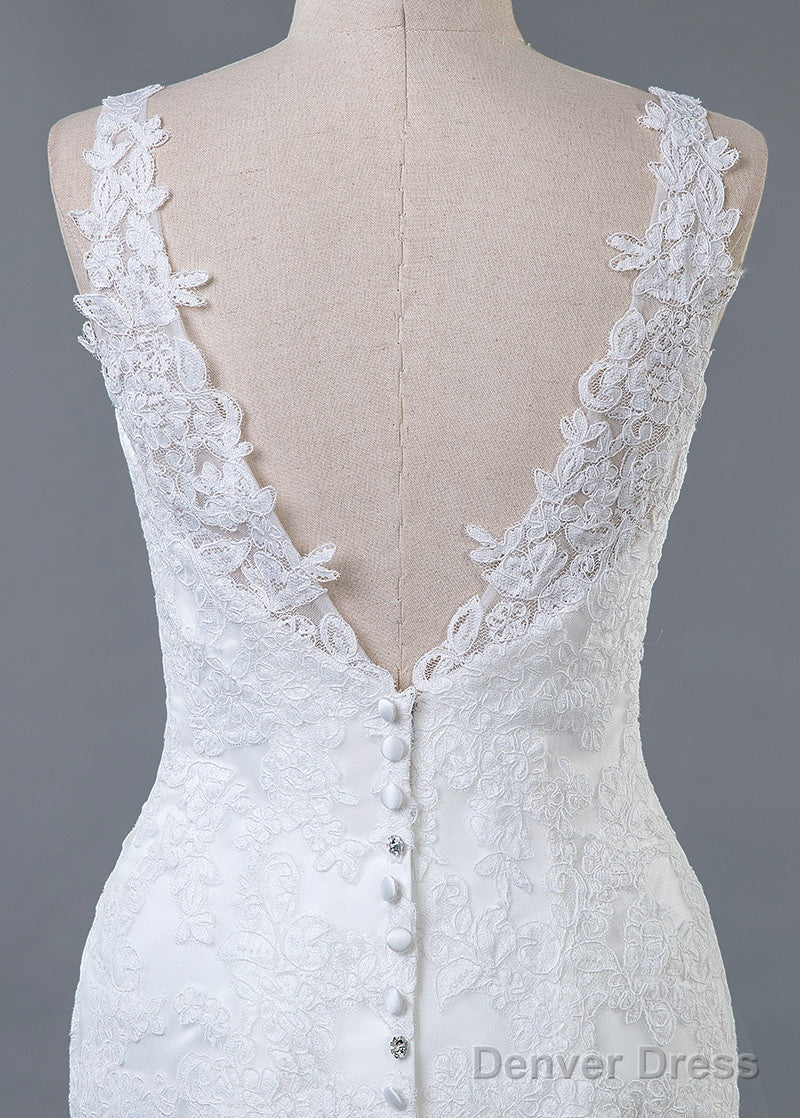 Trumpet Mermaid Lace V Neck Sweep Train Wedding Dresses