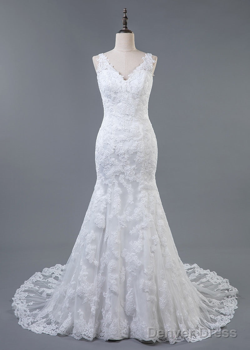 Trumpet/Mermaid Lace V-Neck Sweep Train Wedding Dresses Main image