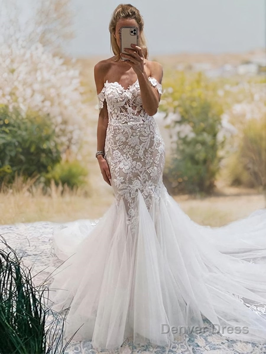 Trumpet/Mermaid Off-the-Shoulder Cathedral Train Tulle Wedding Dresses With Appliques Lace Main image