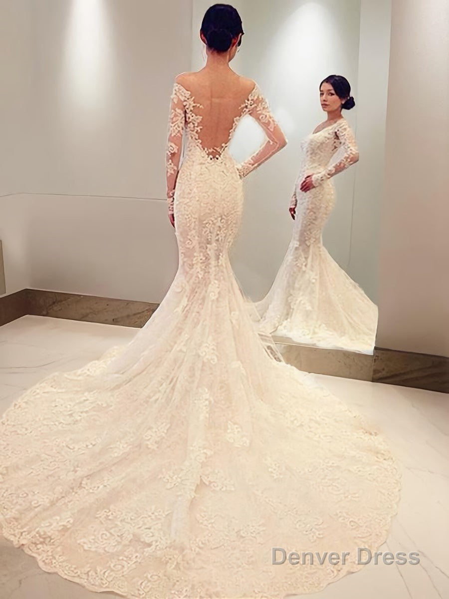 Trumpet Mermaid Off The Shoulder Chapel Train Lace Wedding Dresses With Appliques Lace