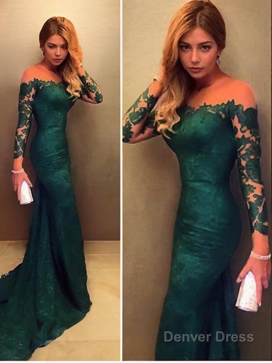 Trumpet Mermaid Off The Shoulder Court Train Lace Prom Dresses With Lace