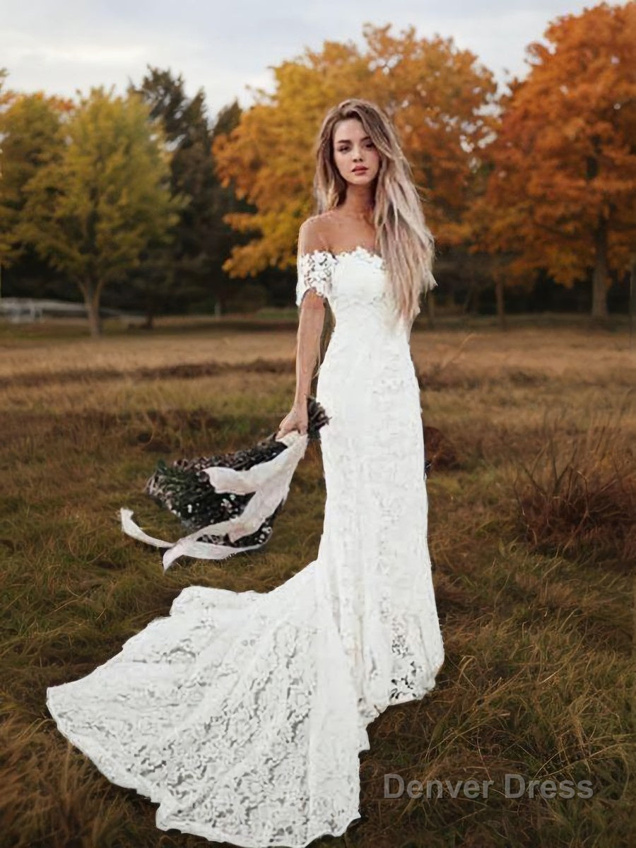 Trumpet Mermaid Off The Shoulder Court Train Lace Wedding Dresses