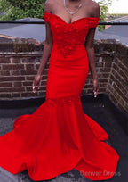 Trumpet Mermaid Off The Shoulder Court Train Satin Prom Dresses With Beading Flowers