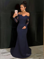 Trumpet Mermaid Off The Shoulder Court Train Stretch Crepe Prom Dresses With Lace
