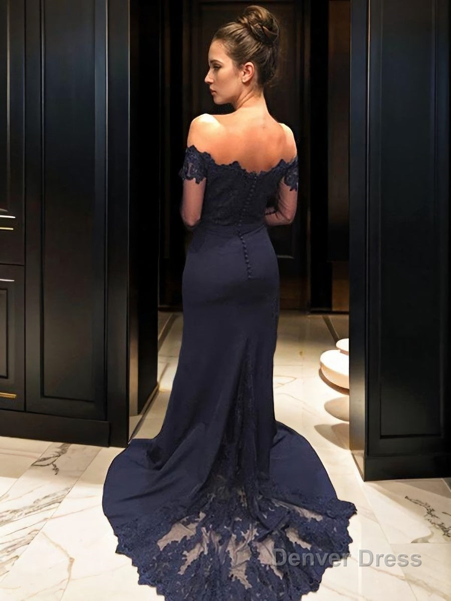Trumpet Mermaid Off The Shoulder Court Train Stretch Crepe Prom Dresses With Lace