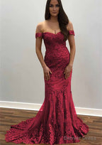 Trumpet Mermaid Off The Shoulder Court Train Tulle Prom Dresses With Lace Appliqued
