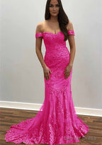 Trumpet Mermaid Off The Shoulder Court Train Tulle Prom Dresses With Lace Appliqued