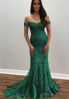 Trumpet Mermaid Off The Shoulder Court Train Tulle Prom Dresses With Lace Appliqued