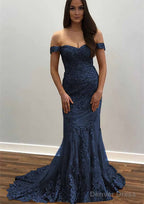 Trumpet Mermaid Off The Shoulder Court Train Tulle Prom Dresses With Lace Appliqued