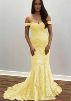 Trumpet Mermaid Off The Shoulder Court Train Tulle Prom Dresses With Lace Appliqued